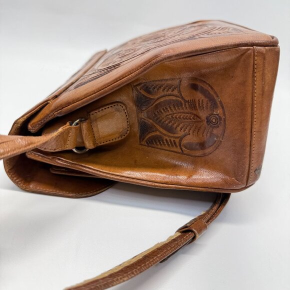 Vintage Hand Tooled Leather Shoulder Bag Made In Mexico Rose Flower - Picture 16 of 16